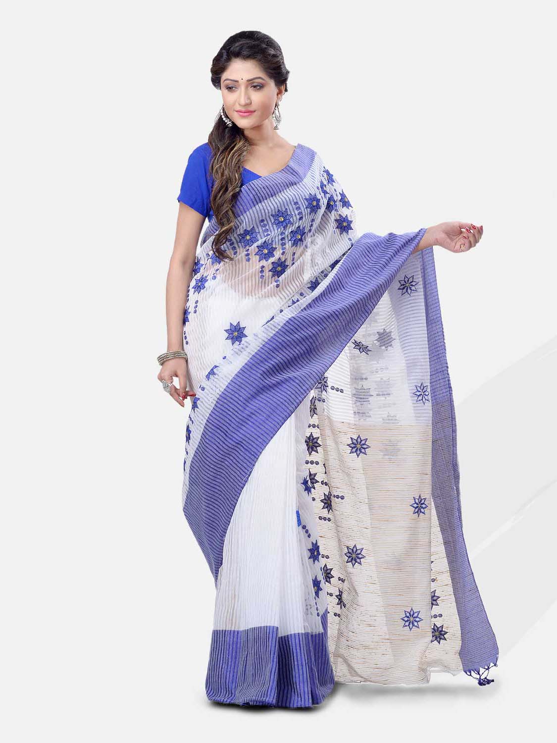  Pure Cotton Handloom Traditional Khadi Bengali Tant Saree Very Soft Cotton Materials Star Design With Blouse Piece (Blue White)   